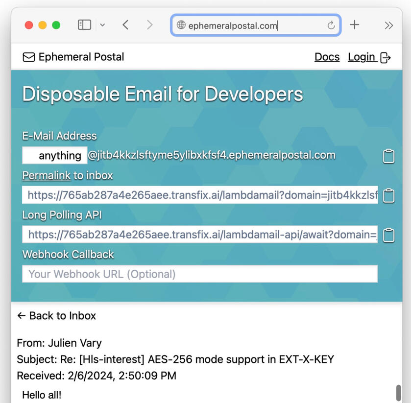 Screenshot of Ephemeral Postal